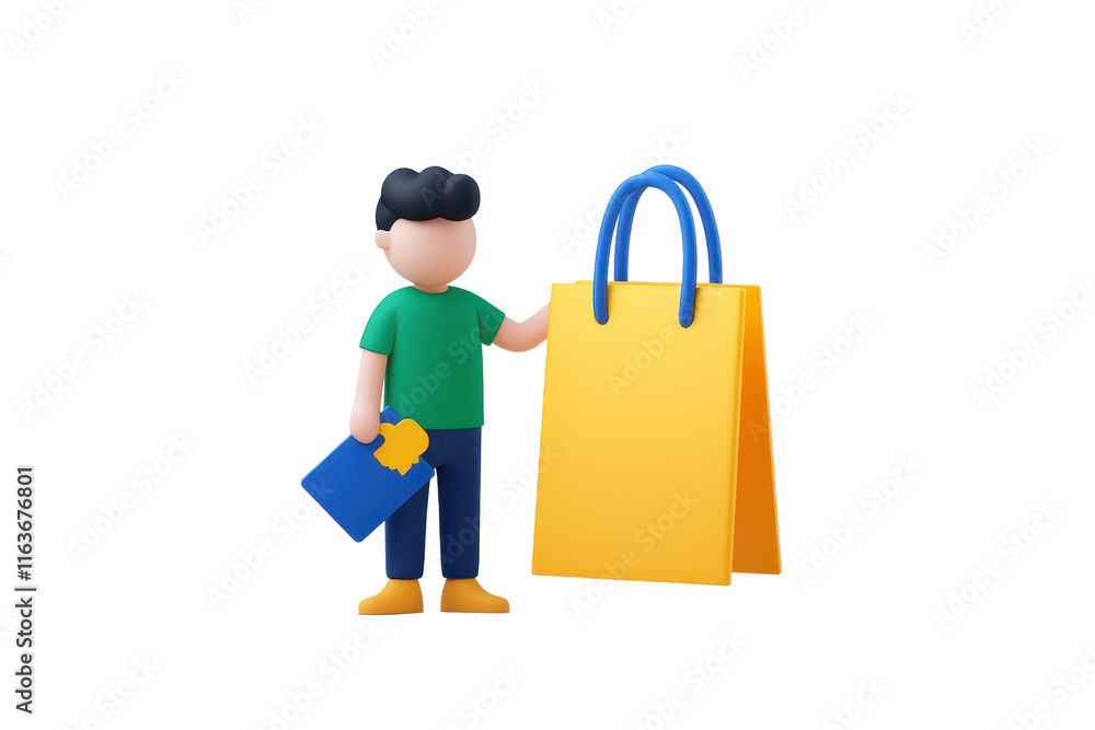 A stylized character holding a shopping bag and a smaller item, symbolizing shopping and consumerism. A stylized character holding a shopping bag and a smaller item, symbolizing shopping and consumerism.