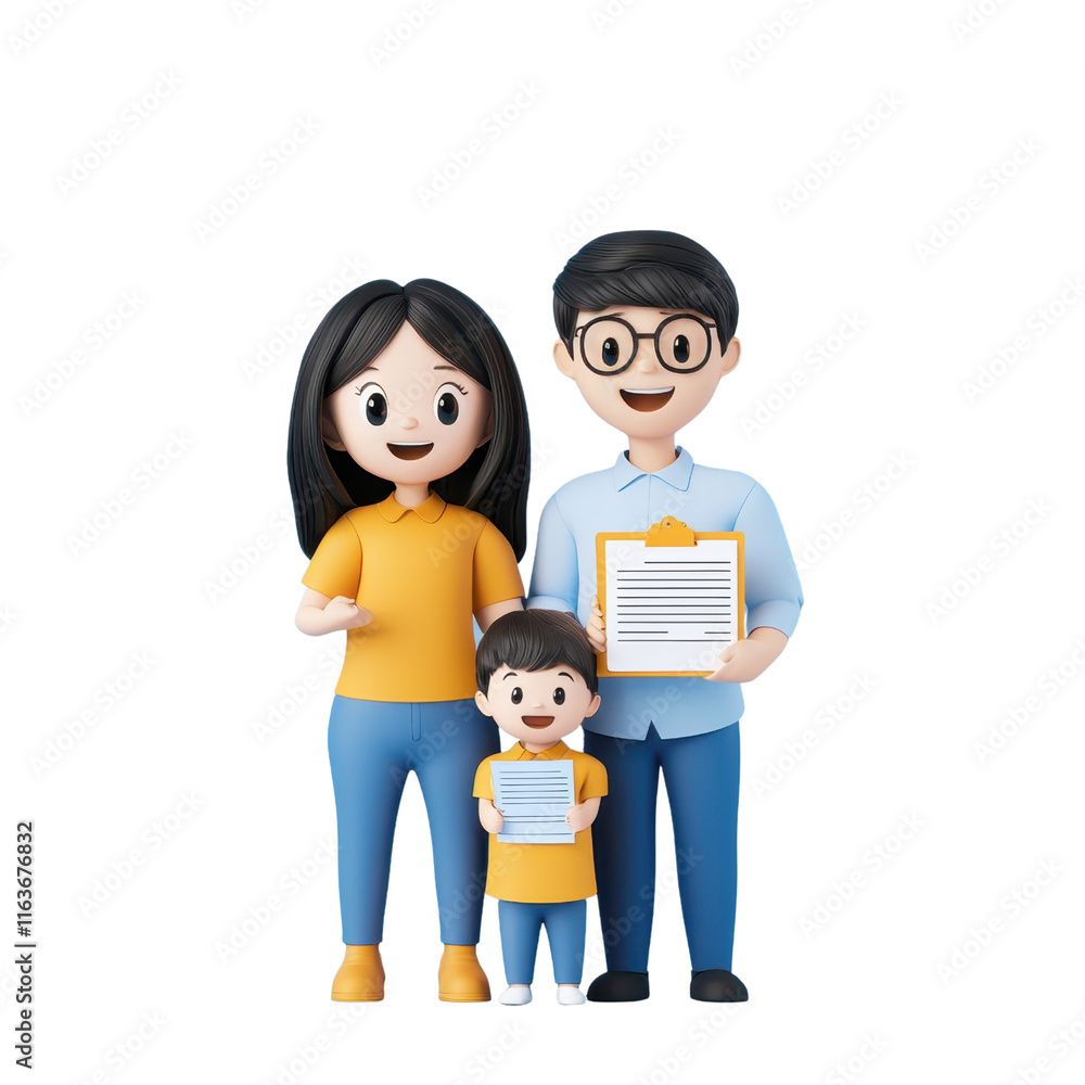 Fototapeta premium A cheerful family of three, with a mother, father, and child, all smiling and holding papers.