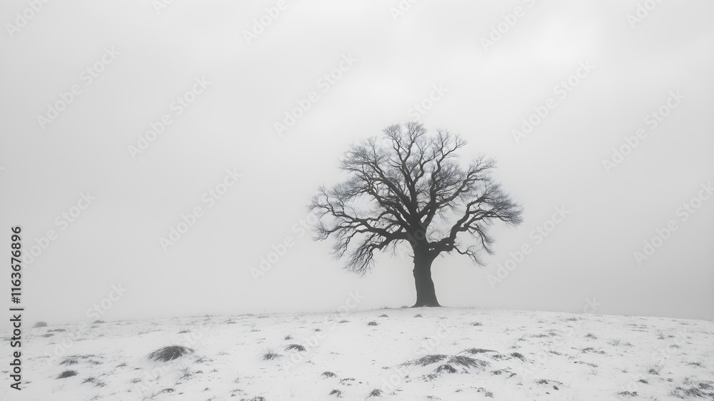Fototapeta premium Minimalistic black and white photography of a lonely black tree, snow, fog, winter