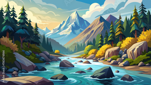 A scenic mountain stream rushing over smooth stones, surrounded by tall trees and the sound of water echoing through the peaceful valley