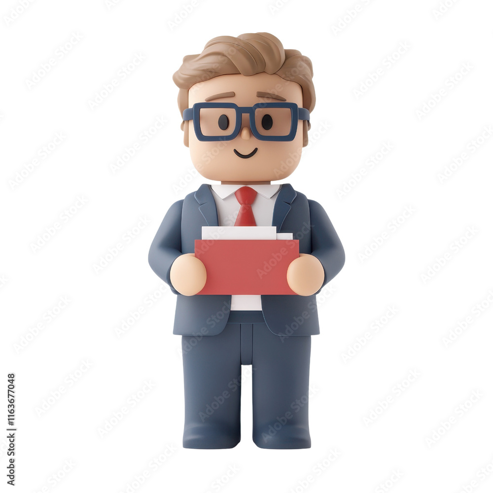 A cheerful cartoon figure in a business suit holding a stack of documents, exuding professionalism and friendliness. A cheerful cartoon figure in a business suit holding a stack of documents, exuding professionalism and friendliness.