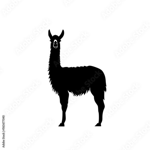 Llama Silhouette in Minimalist Style, Black and white silhouette of a llama standing, featuring its characteristic fur and pointed ears in a clean, minimal design.

