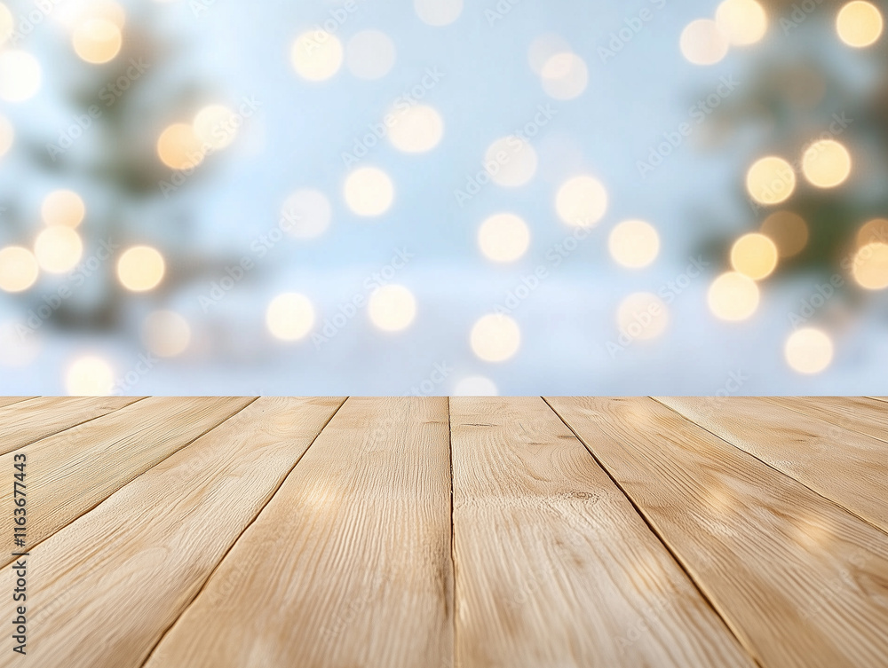 Empty woooden table top with abstract warm living room decor with christmas tree string light blur background with snow,Holiday backdrop,Mock up banner for display of advertise product Empty woooden table top with abstract warm living room decor with christmas tree string light blur background with snow,Holiday backdrop,Mock up banner for display of advertise product