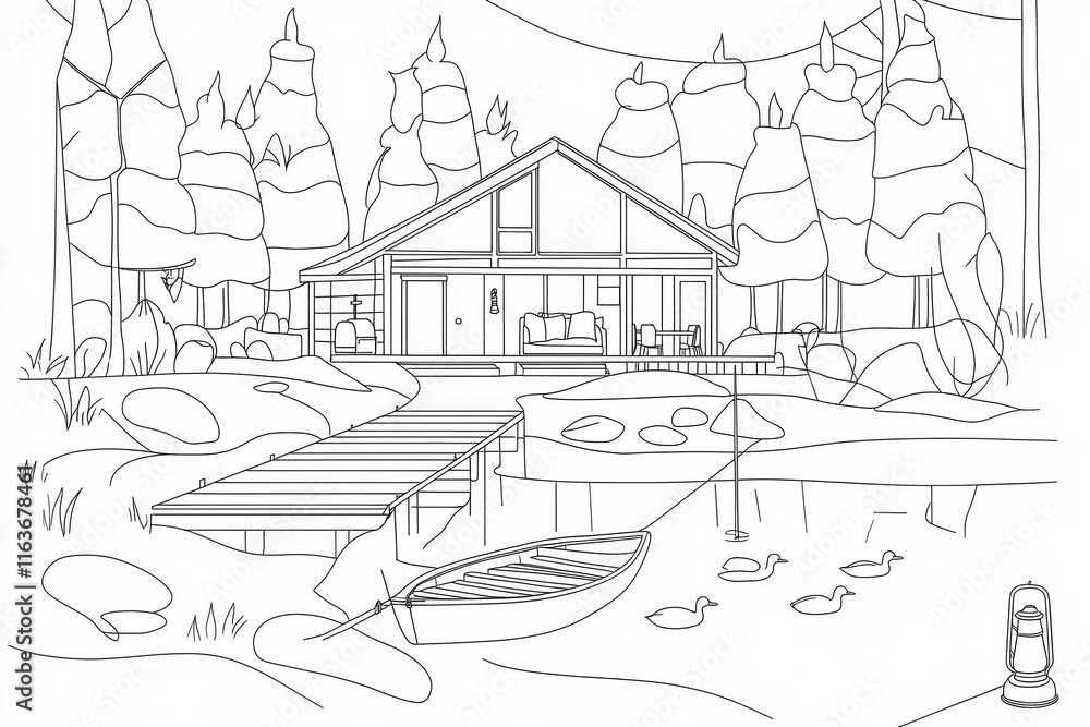 Obraz premium A serene coloring book design of a lakeside cabin with a wooden dock, a rowboat tied nearby, and ducks swimming peacefully. Add trees reflecting in the calm water and tiny details like fishing 