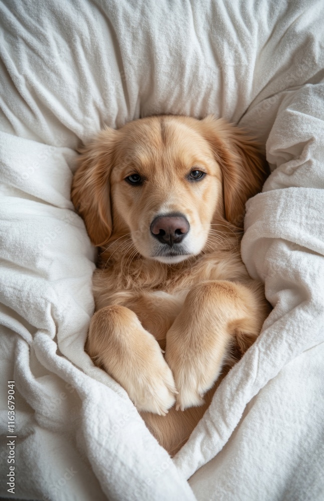 Obraz premium Cute golden retriever puppy resting peacefully on a white bed