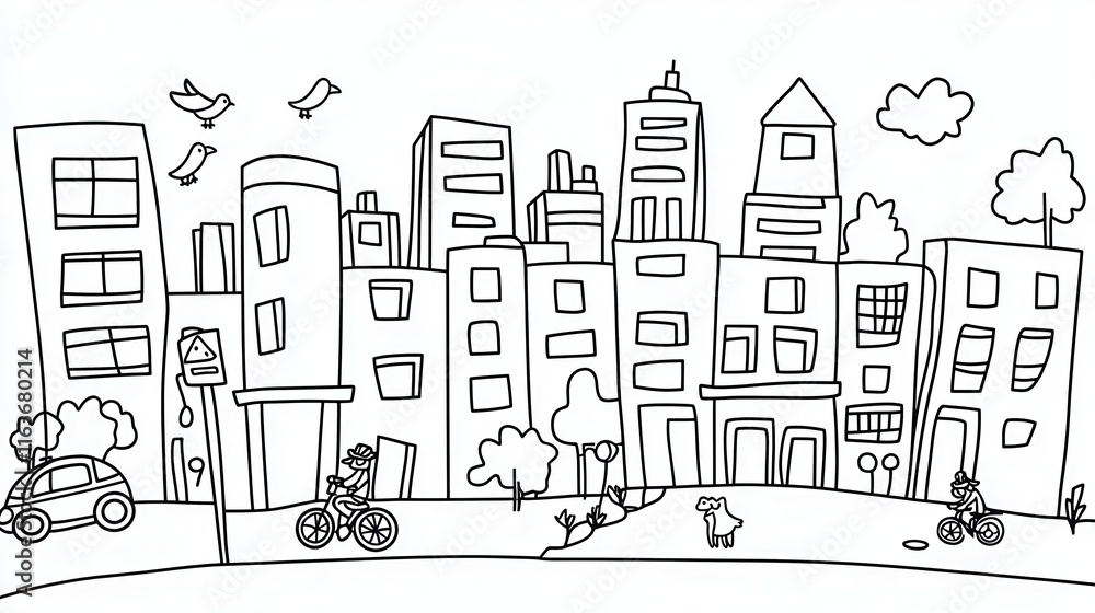 Obraz premium A vibrant coloring book illustration of a cityscape with tall buildings, cars, and bicycles on the streets. Add small details like street signs, pigeons on rooftops, and people walking dogs 