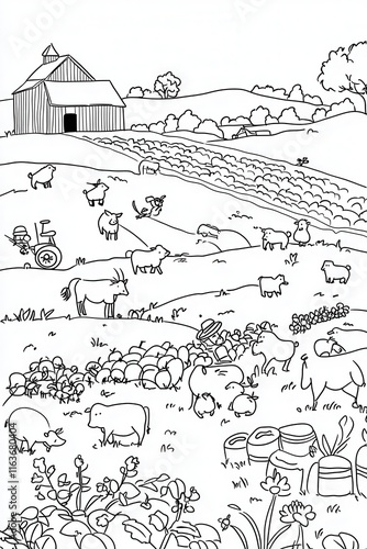 A vibrant farm coloring book illustration featuring fields of crops, a red barn with animals like cows, chickens, and pigs roaming around. Add a scarecrow in the middle of the field and intricate  photo