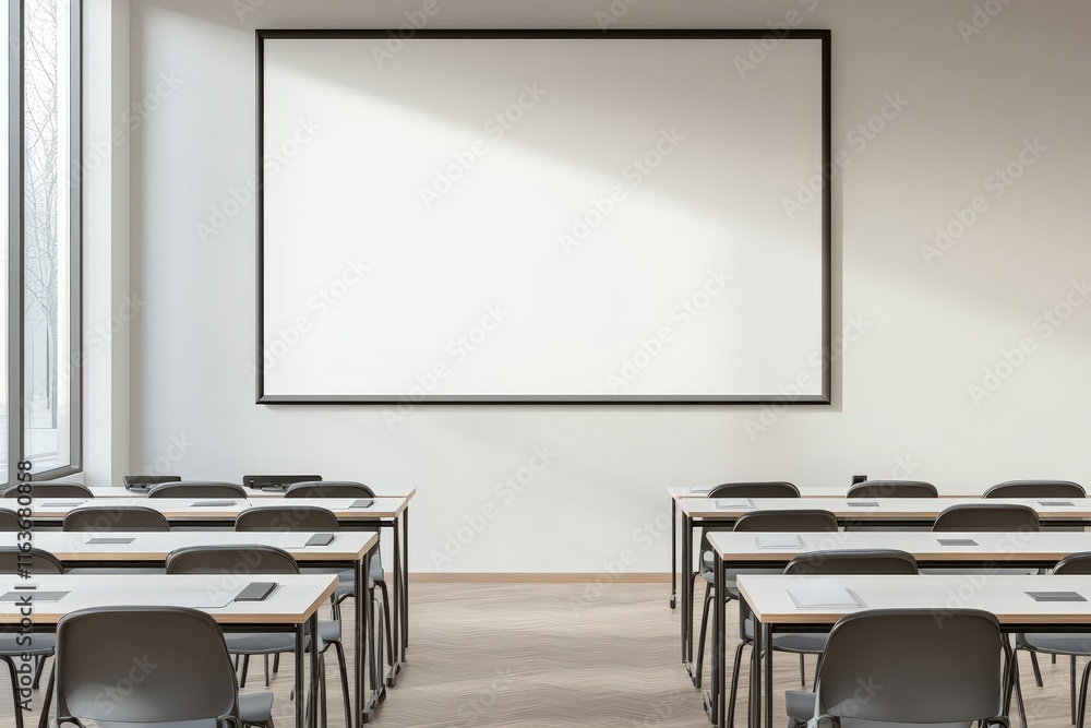 Empty Classroom with Large Blank Whiteboard Empty Classroom with Large Blank Whiteboard