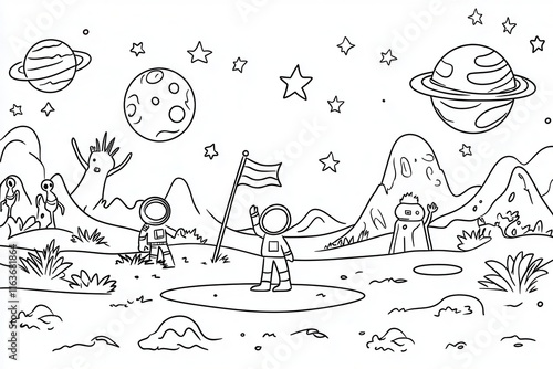 A whimsical outer space-themed coloring book illustration featuring astronauts planting a flag on a moon, aliens waving in the distance, and planets with rings in the background. Include stars 