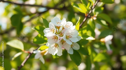 Delicate white blossoms cluster on a branch, bathed in sunlight, surrounded by vibrant green leaves