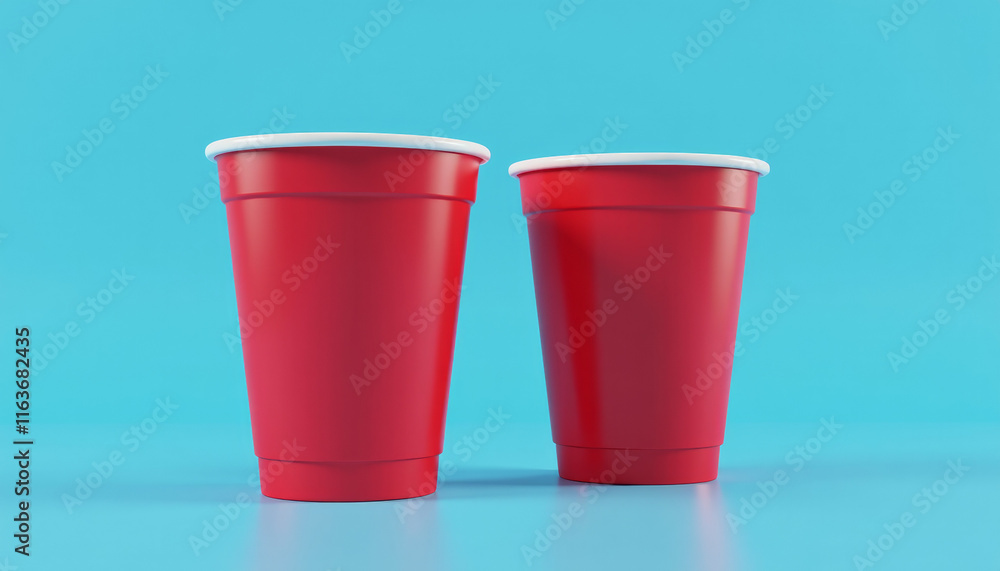 Pair of Red Plastic Cups on Blue Background Pair of Red Plastic Cups on Blue Background
