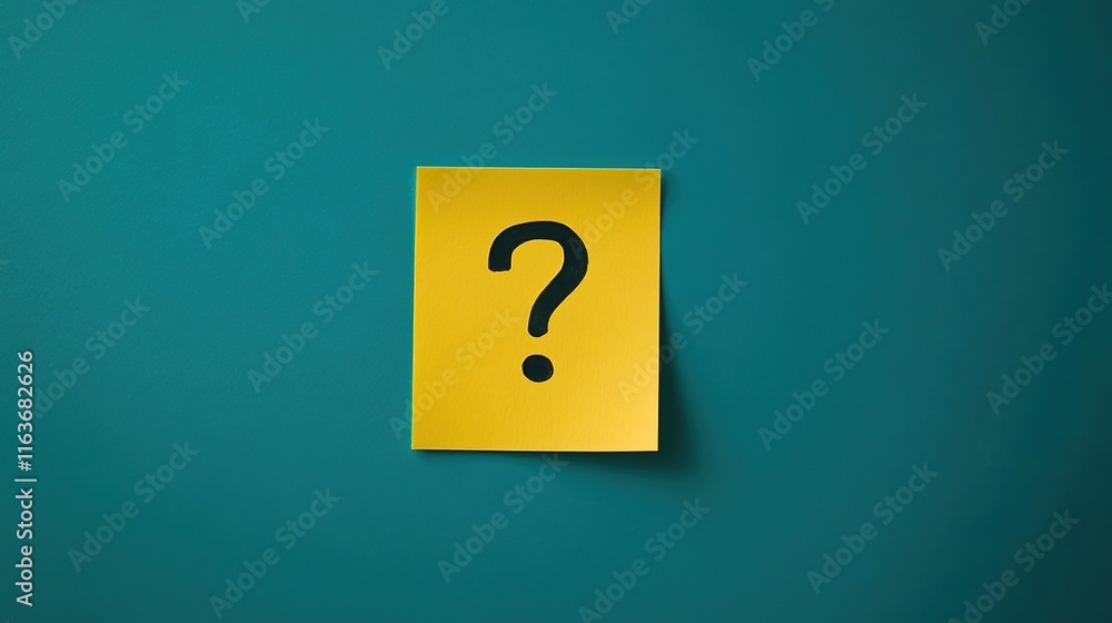 A yellow sticky note with a black question mark on a teal background A yellow sticky note with a black question mark on a teal background