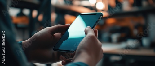 Person using smartphone in cafe.