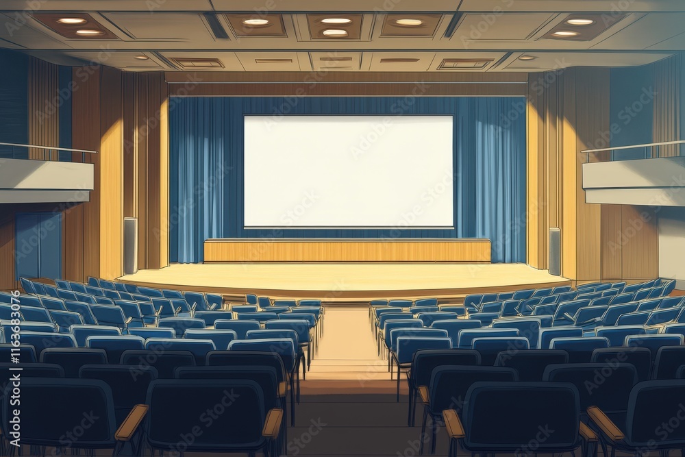 Fototapeta premium Empty Auditorium Stage with Blank Screen and Seats