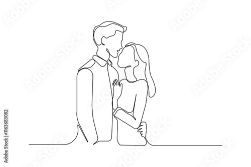 Continuous line art drawing of couple hug. Valentine's Day concept line art background