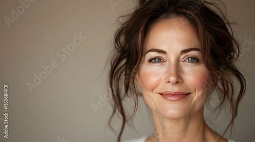 Wallpaper Mural Beautiful middle-aged woman with natural makeup smiling warmly against a neutral background showcasing confidence and elegance Torontodigital.ca