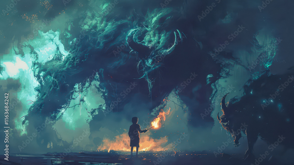 Young Boy with Torch Confronting Smoke Monsters with Demon Horns in Dark Fantasy World, Nighttime, Courage and Darkness, Digital Art Illustration for Fantasy Themes and Dark Artwork