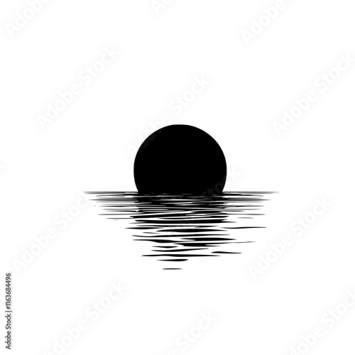 Sunset Silhouette with Reflection on Water, Minimalistic black and white silhouette of a setting sun, its reflection creating ripples across a calm body of water.

