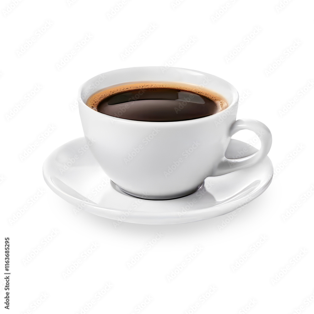 Black coffee. Classic white cup with saucer and drink. Isolated PNG