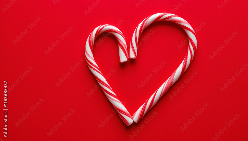 Intertwined candy canes forming a heart on red background, Valentine's symbol Intertwined candy canes forming a heart on red background, Valentine's symbol
