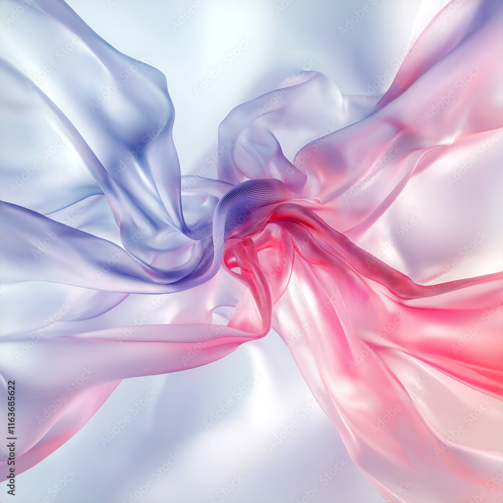 Obraz premium Translucent, silky waves gently curve and twist into an abstract pattern. The base palette includes pastel shades of pink, purple and white. Light accents and gradients add lightness