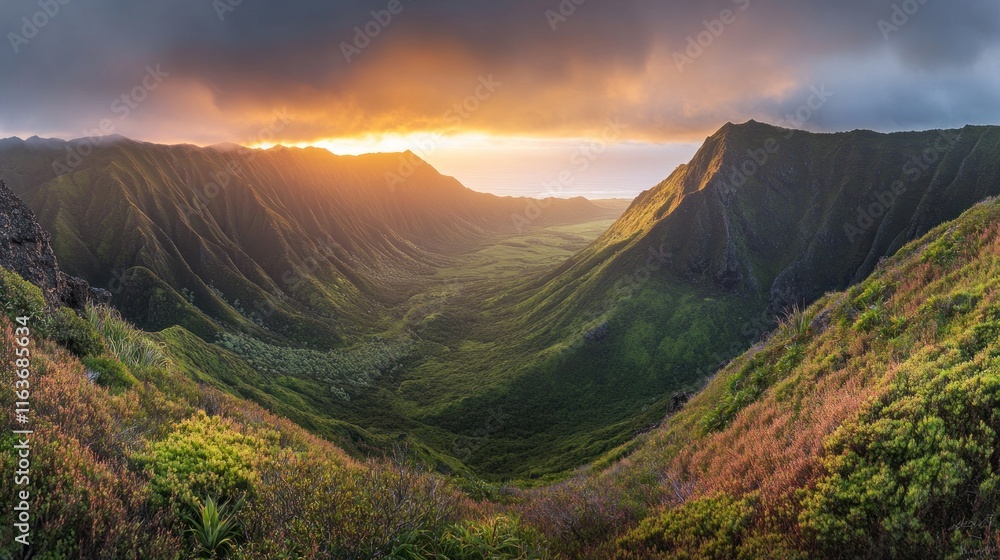 Obraz premium Golden Hour in Waimea Canyon, Kauai: A Breathtaking Sunset Panorama