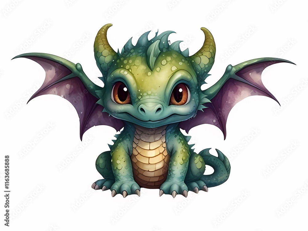 Fototapeta premium Watercolor green baby dragon on white background. 