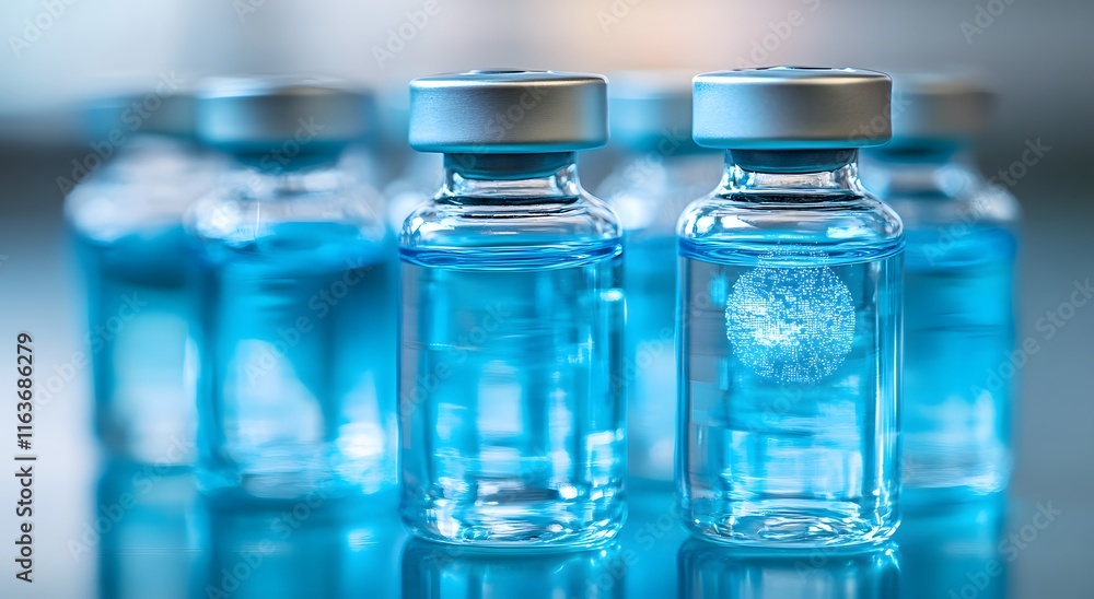 Close-up of vials filled with medicine on a pharmaceutical production line. The concept of modern machinery and technology support to increase production, which ensures better quality service Close-up of vials filled with medicine on a pharmaceutical production line. The concept of modern machinery and technology support to increase production, which ensures better quality service