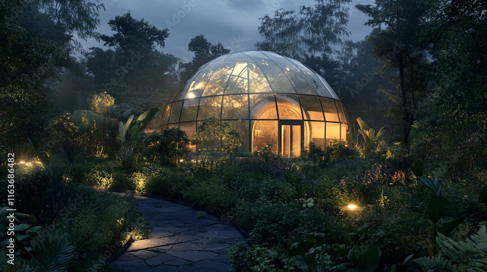 Fototapeta premium Modern geodesic dome greenhouse nestled in a lush garden at twilight.