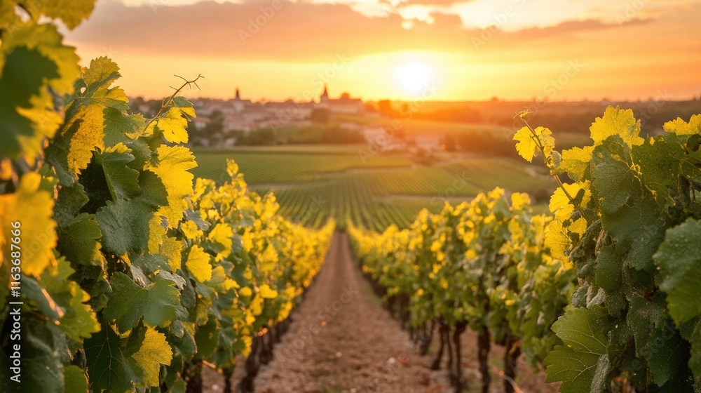 Fototapeta premium Breathtaking Sunset View Over Lush Vineyard Landscape in Chinon, France Captured at Golden Hour with Vibrant Colors and Serenity