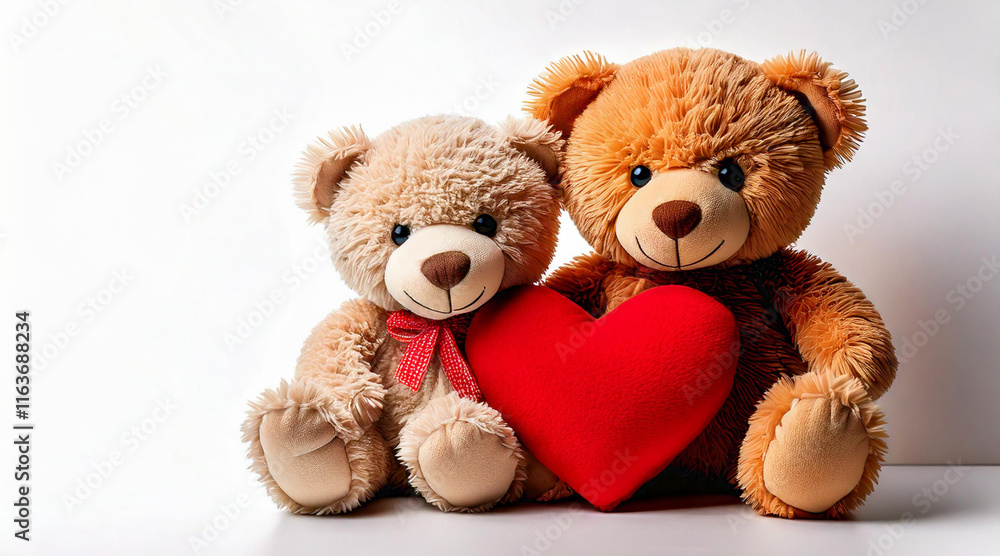Fototapeta premium teddy bears holding a shared plush red heart 