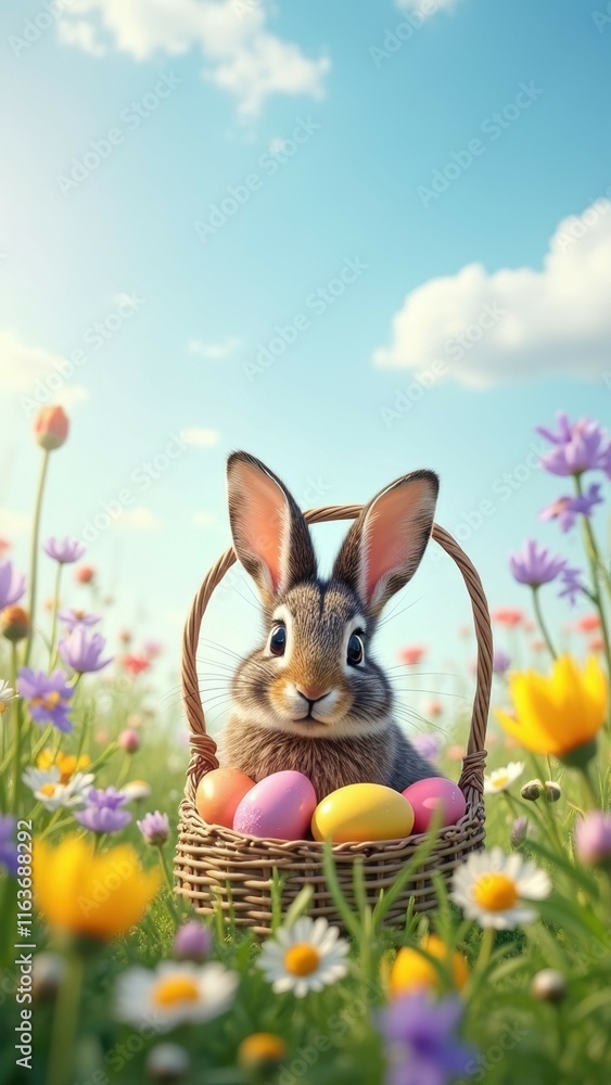 Fototapeta premium Adorable bunny with easter eggs in spring meadow