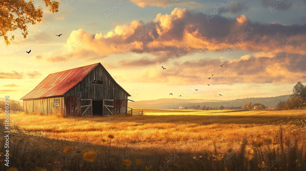 Rustic barn at golden hour sunset over a golden field. Rustic barn at golden hour sunset over a golden field.
