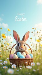 Cute bunny with easter eggs in spring meadow