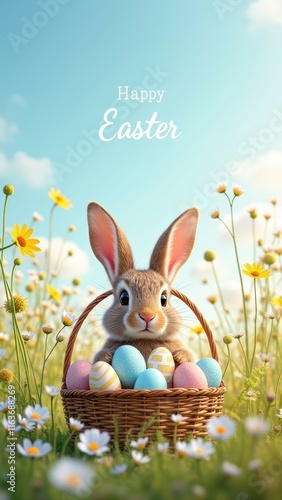 Cute bunny with easter eggs in spring meadow