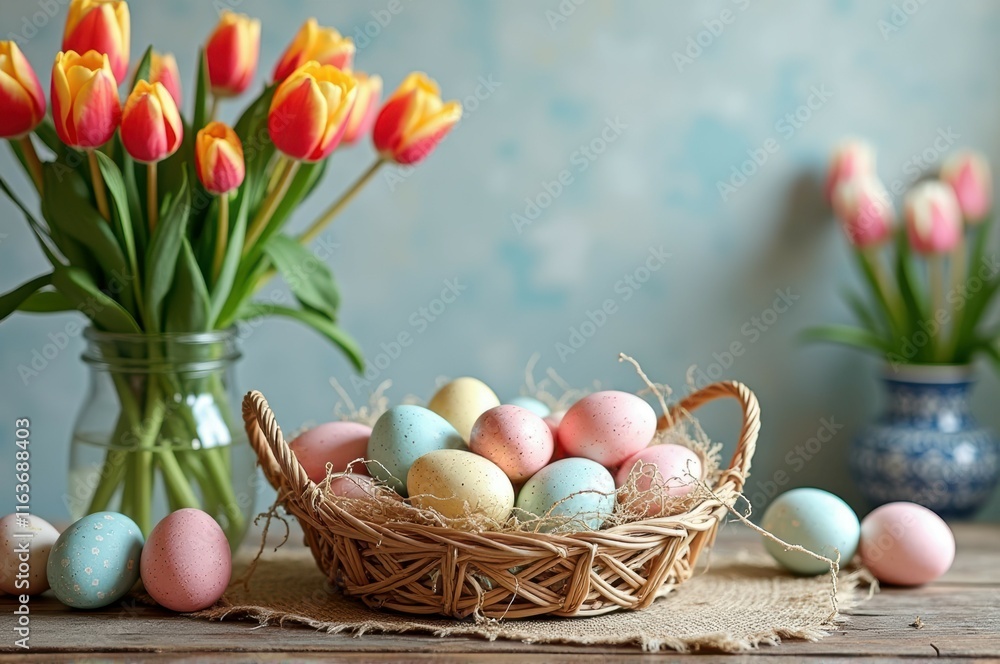 Colorful easter eggs in wicker basket with tulips on rustic table Colorful easter eggs in wicker basket with tulips on rustic table