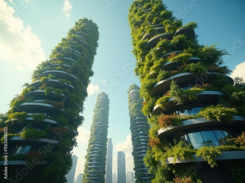 Surreal view of green skyscrapers amidst urban landscape under a clear blue sky photo