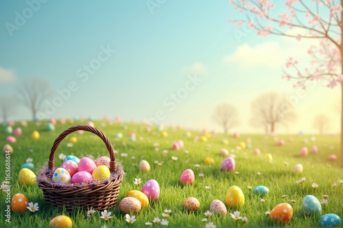 Colorful easter egg hunt in spring meadow with blooming flowers and basket