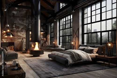 Industrial interior design and monochromatic palettes of greys with modern elements photo