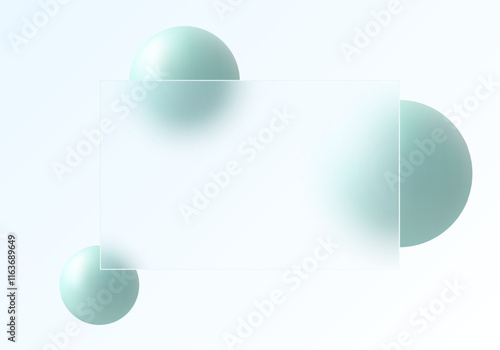 Website landing page template in glass morphism style, transparent rectangular banner and green spheres.