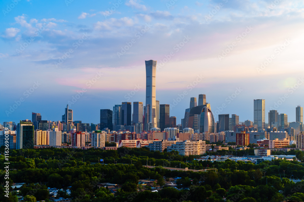 Skyline of Beijing CBD area at sunset, with cloud in the sky Skyline of Beijing CBD area at sunset, with cloud in the sky