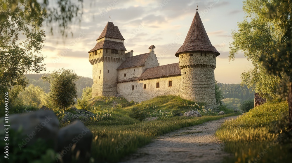 Obraz premium Majestic medieval castle at sunset, nestled in a verdant valley with a winding path leading to its entrance.