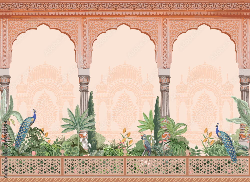 custom made wallpaper toronto digitalMughal style Jaipur palace garden, temple, arch with column, tropical plant, peacock, bird, floral decorative frame, border. Indian pichwai garden illustration for greeting card, background