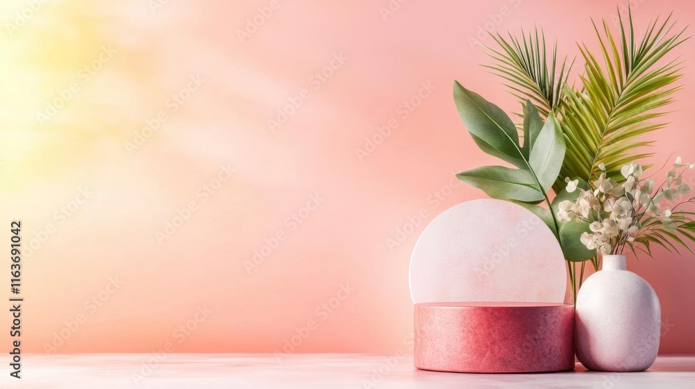 Fototapeta premium Serene Minimalist Botanical Display: Pink, Green, and White