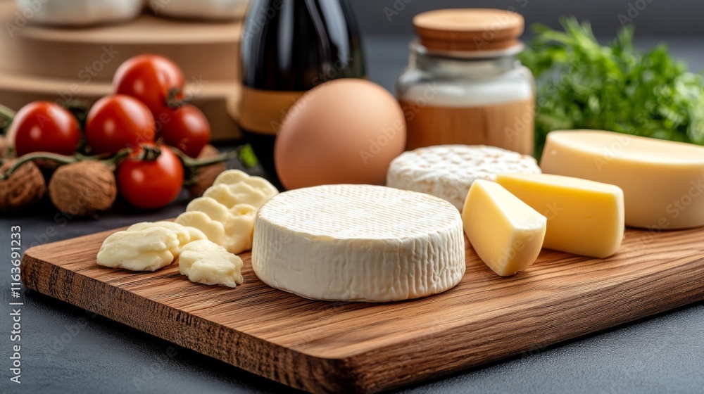 Cheese assortment with fresh ingredients displayed on a wooden cutting board in a cozy kitchen setting Cheese assortment with fresh ingredients displayed on a wooden cutting board in a cozy kitchen setting