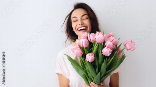portrait of a smiling happy woman with bouquet tulips, woman day, spring flowers on white background 