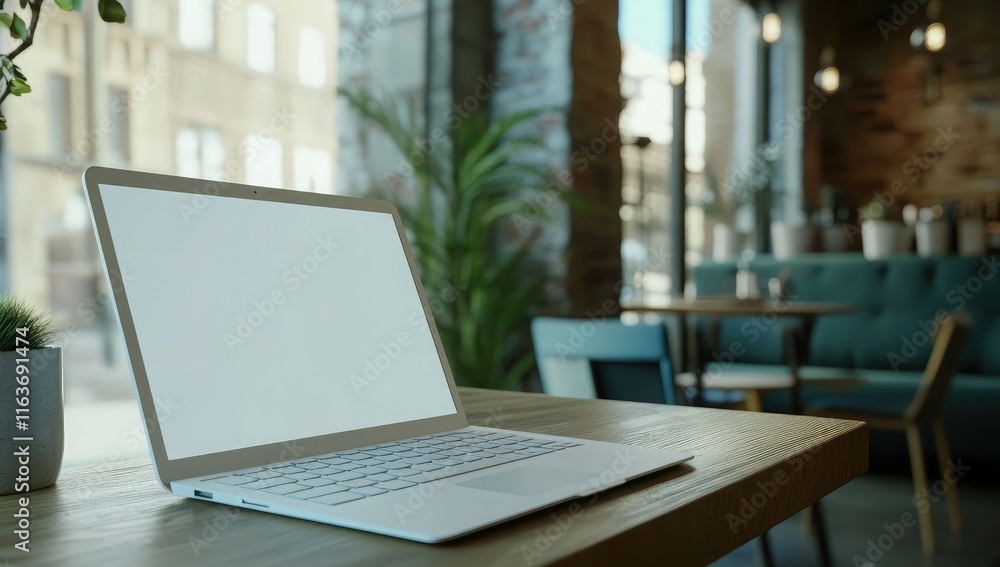 A laptop sits on a wooden table in a modern caf? with a cozy atmosphere. A laptop sits on a wooden table in a modern caf? with a cozy atmosphere.