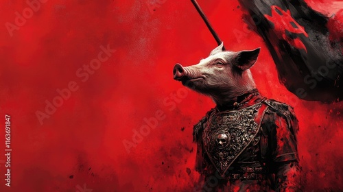 A pig dressed in regal armor holds a spear in dramatic lighting photo