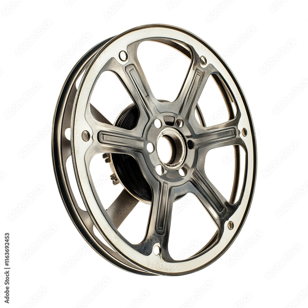Obraz premium Wheel with spokes is shown in a white background.