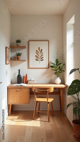 Wallpaper Mural modern minimalistic interior cabinet room with sofa in pastel pink or peachy colors with big windows  space for pictures frame, light and soft atmosphere, things for decoration, design Torontodigital.ca